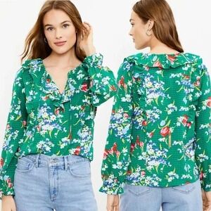 LOFT Petite Green Gingham Floral Ruffle Blouse Long Sleeve Womens XS P